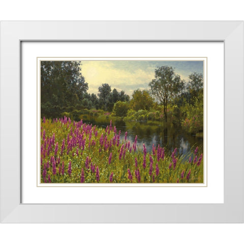 Lupins by the River White Modern Wood Framed Art Print with Double Matting by Adamov, Alexey