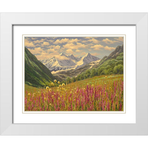 Lupins in the Mountains White Modern Wood Framed Art Print with Double Matting by Adamov, Alexey
