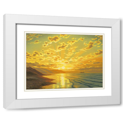Sunset over the Mountains by the Sea White Modern Wood Framed Art Print with Double Matting by Adamov, Alexey