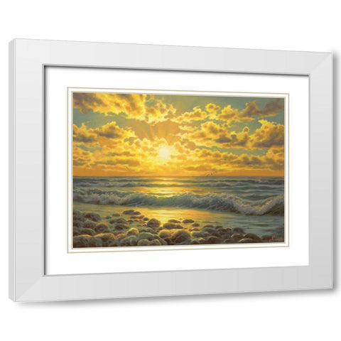 Sunset over the  Sea with Seagulls White Modern Wood Framed Art Print with Double Matting by Adamov, Alexey