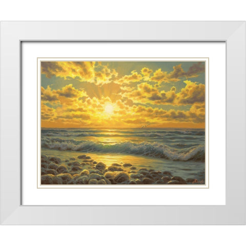 Sunset over the  Sea with Seagulls White Modern Wood Framed Art Print with Double Matting by Adamov, Alexey
