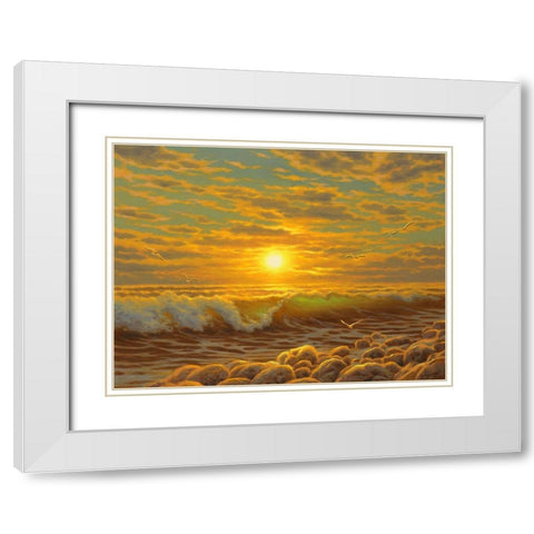 Sunset over the  Sea with Seagulls II White Modern Wood Framed Art Print with Double Matting by Adamov, Alexey