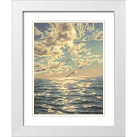Seagulls White Modern Wood Framed Art Print with Double Matting by Adamov, Alexey
