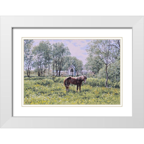 Village with a Horse White Modern Wood Framed Art Print with Double Matting by Adamov, Alexey