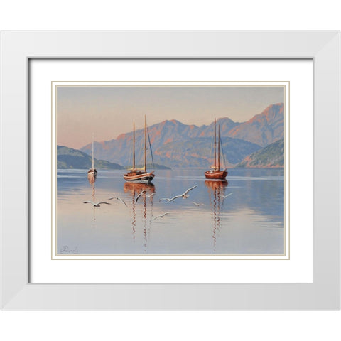 Yacht and Seagulls White Modern Wood Framed Art Print with Double Matting by Adamov, Alexey
