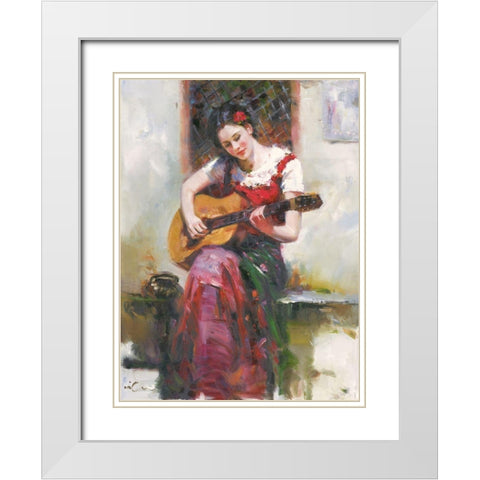 A Girl with Guitar White Modern Wood Framed Art Print with Double Matting by Noches, Fernando