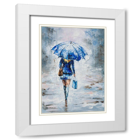 Lady in Blue with Umbrella White Modern Wood Framed Art Print with Double Matting by Kowalik, Jolanta