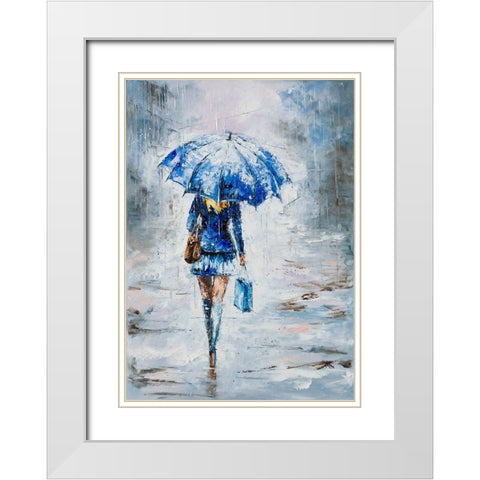Lady in Blue with Umbrella White Modern Wood Framed Art Print with Double Matting by Kowalik, Jolanta