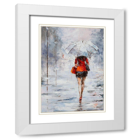 Lady in Red with Umbrella White Modern Wood Framed Art Print with Double Matting by Kowalik, Jolanta