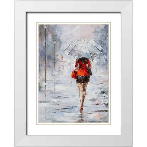 Lady in Red with Umbrella White Modern Wood Framed Art Print with Double Matting by Kowalik, Jolanta