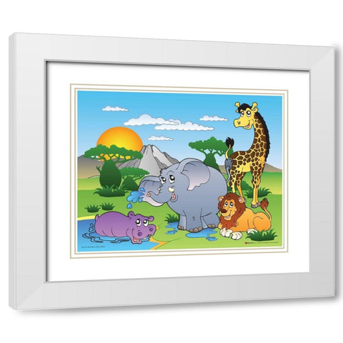 Happy African Animals White Modern Wood Framed Art Print with Double Matting by Viskova, Klara