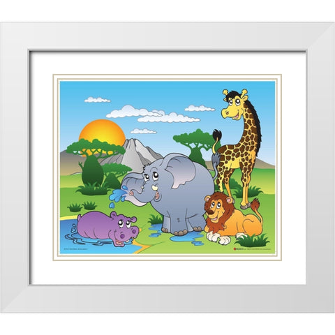 Happy African Animals White Modern Wood Framed Art Print with Double Matting by Viskova, Klara