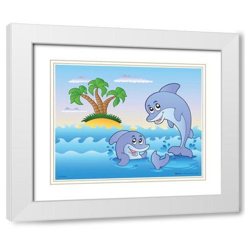 Happy Dolphins White Modern Wood Framed Art Print with Double Matting by Viskova, Klara