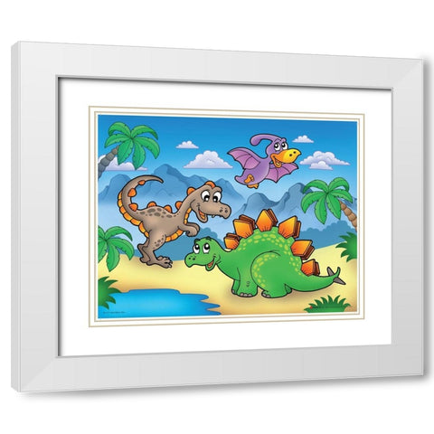 Lucky Dinosaur White Modern Wood Framed Art Print with Double Matting by Viskova, Klara