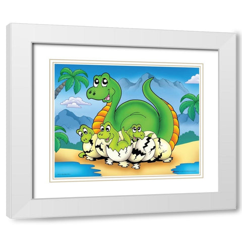 Lucky Dinosaur with Babes White Modern Wood Framed Art Print with Double Matting by Viskova, Klara