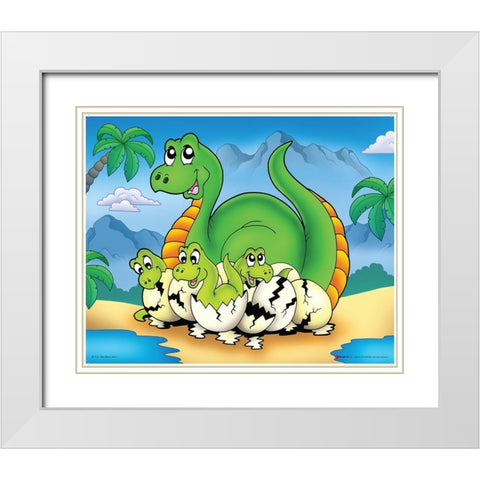 Lucky Dinosaur with Babes White Modern Wood Framed Art Print with Double Matting by Viskova, Klara