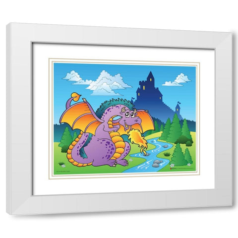 Happy Pink Dragon White Modern Wood Framed Art Print with Double Matting by Viskova, Klara