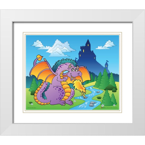 Happy Pink Dragon White Modern Wood Framed Art Print with Double Matting by Viskova, Klara