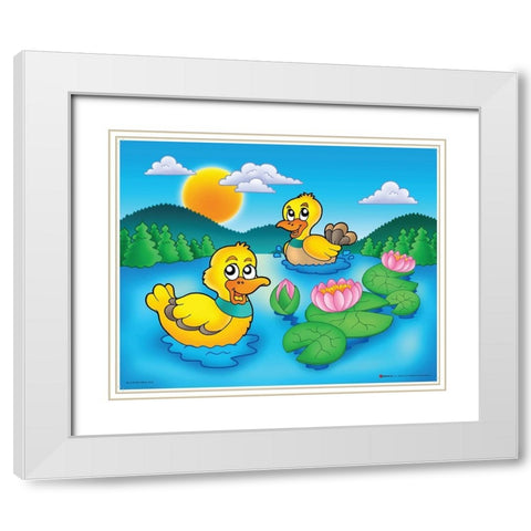 Smiling Ducks White Modern Wood Framed Art Print with Double Matting by Viskova, Klara