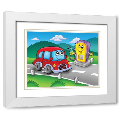 Red Car with Smiling Petrol Station White Modern Wood Framed Art Print with Double Matting by Viskova, Klara