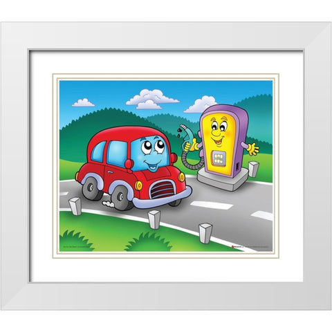 Red Car with Smiling Petrol Station White Modern Wood Framed Art Print with Double Matting by Viskova, Klara