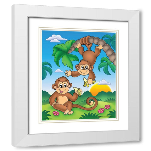 Happy Monkies White Modern Wood Framed Art Print with Double Matting by Viskova, Klara