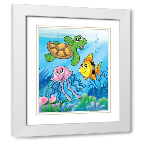 Happy Sea Animals White Modern Wood Framed Art Print with Double Matting by Viskova, Klara