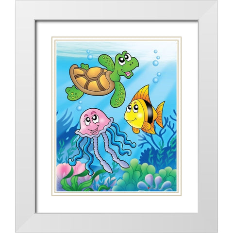Happy Sea Animals White Modern Wood Framed Art Print with Double Matting by Viskova, Klara