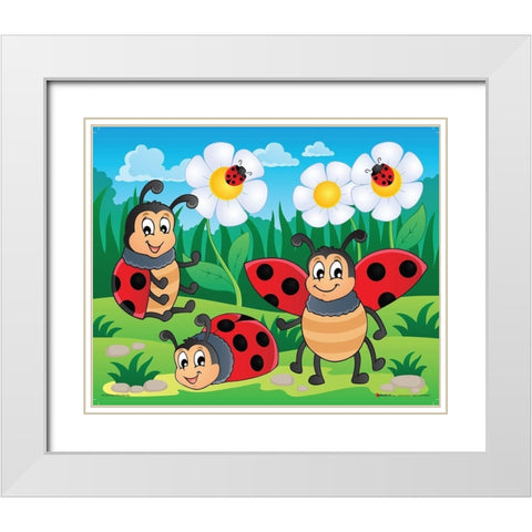 Ladybirds White Modern Wood Framed Art Print with Double Matting by Viskova, Klara