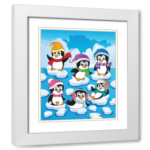Happy Pinguins White Modern Wood Framed Art Print with Double Matting by Viskova, Klara