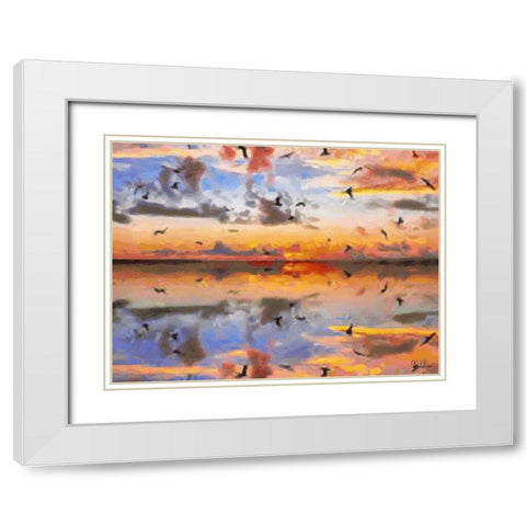 Sunset with Seagulls White Modern Wood Framed Art Print with Double Matting by Medeiros, Celito