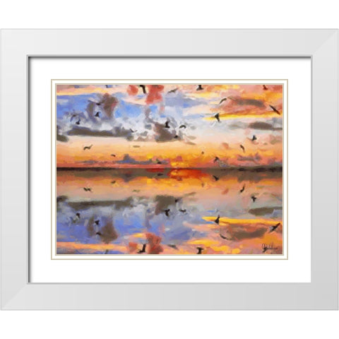 Sunset with Seagulls White Modern Wood Framed Art Print with Double Matting by Medeiros, Celito