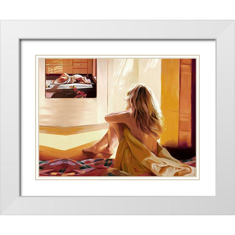 Blond Girl Sitting on the Bed White Modern Wood Framed Art Print with Double Matting by Medeiros, Celito