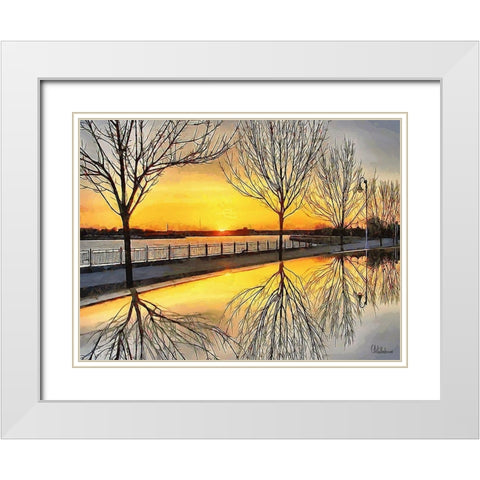 Mirrored Trees by Sunset I White Modern Wood Framed Art Print with Double Matting by Medeiros, Celito