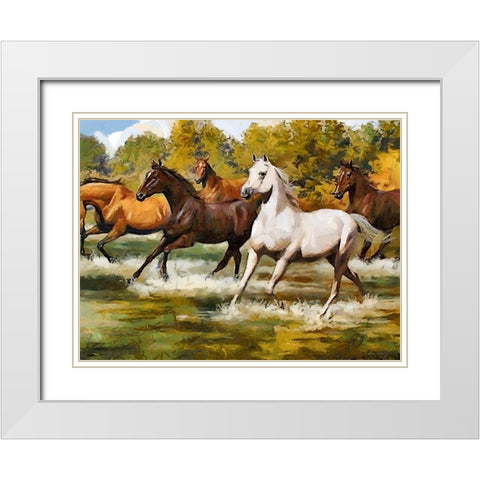 Running Horses in Water White Modern Wood Framed Art Print with Double Matting by Medeiros, Celito