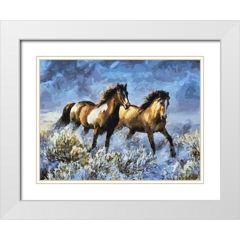 Running Horses in Snow White Modern Wood Framed Art Print with Double Matting by Medeiros, Celito