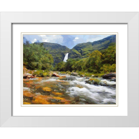 River with Watterfall White Modern Wood Framed Art Print with Double Matting by Medeiros, Celito