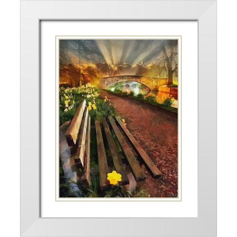 Bench by the Bridge White Modern Wood Framed Art Print with Double Matting by Medeiros, Celito