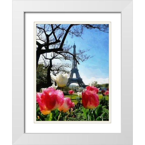 Eiffel Tower with Tulips White Modern Wood Framed Art Print with Double Matting by Medeiros, Celito
