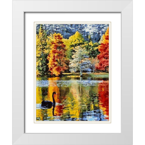 Black Swan with colorful Trees White Modern Wood Framed Art Print with Double Matting by Medeiros, Celito