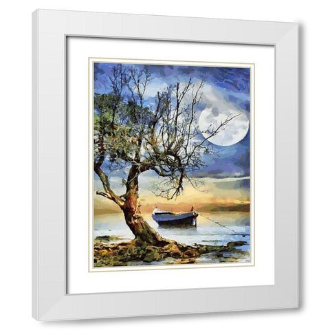 Boat, Tree and Moon White Modern Wood Framed Art Print with Double Matting by Medeiros, Celito