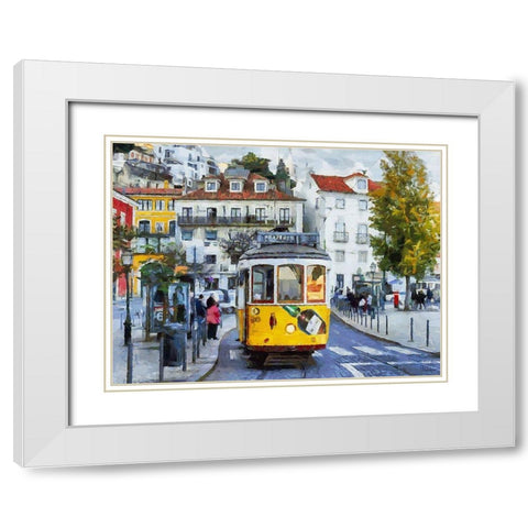 Yellow Tram White Modern Wood Framed Art Print with Double Matting by Medeiros, Celito