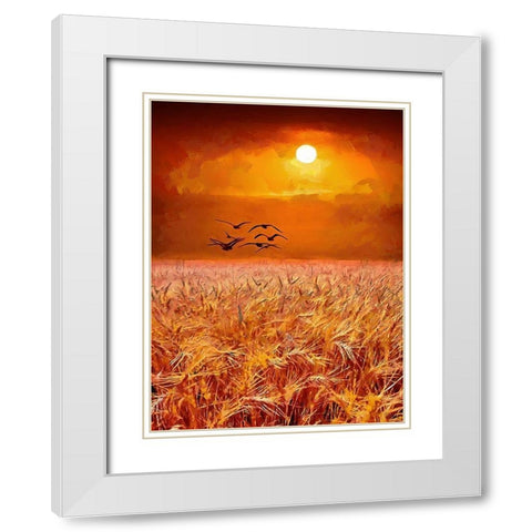 Birds over the field by Sunset White Modern Wood Framed Art Print with Double Matting by Medeiros, Celito