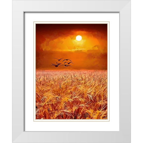 Birds over the field by Sunset White Modern Wood Framed Art Print with Double Matting by Medeiros, Celito