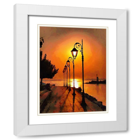 Lamps in the Harbor by Sunset White Modern Wood Framed Art Print with Double Matting by Medeiros, Celito