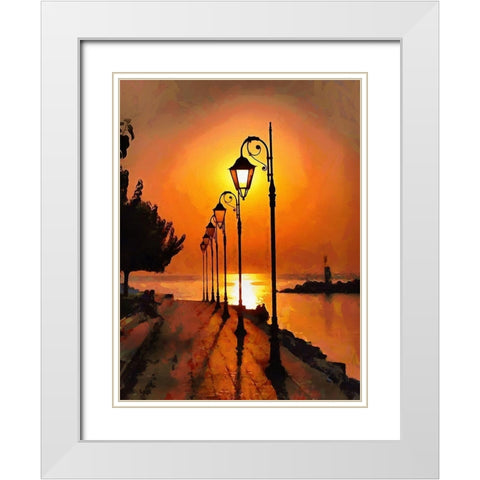 Lamps in the Harbor by Sunset White Modern Wood Framed Art Print with Double Matting by Medeiros, Celito