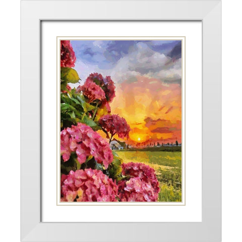 Sunset with Pink Flowers I White Modern Wood Framed Art Print with Double Matting by Medeiros, Celito