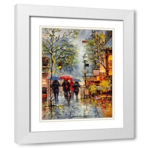 Lady with Red Umbrella and Dog White Modern Wood Framed Art Print with Double Matting by Medeiros, Celito