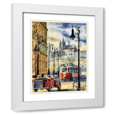 Tram in Prague White Modern Wood Framed Art Print with Double Matting by Medeiros, Celito