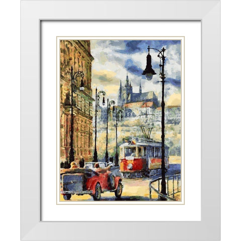 Tram in Prague White Modern Wood Framed Art Print with Double Matting by Medeiros, Celito